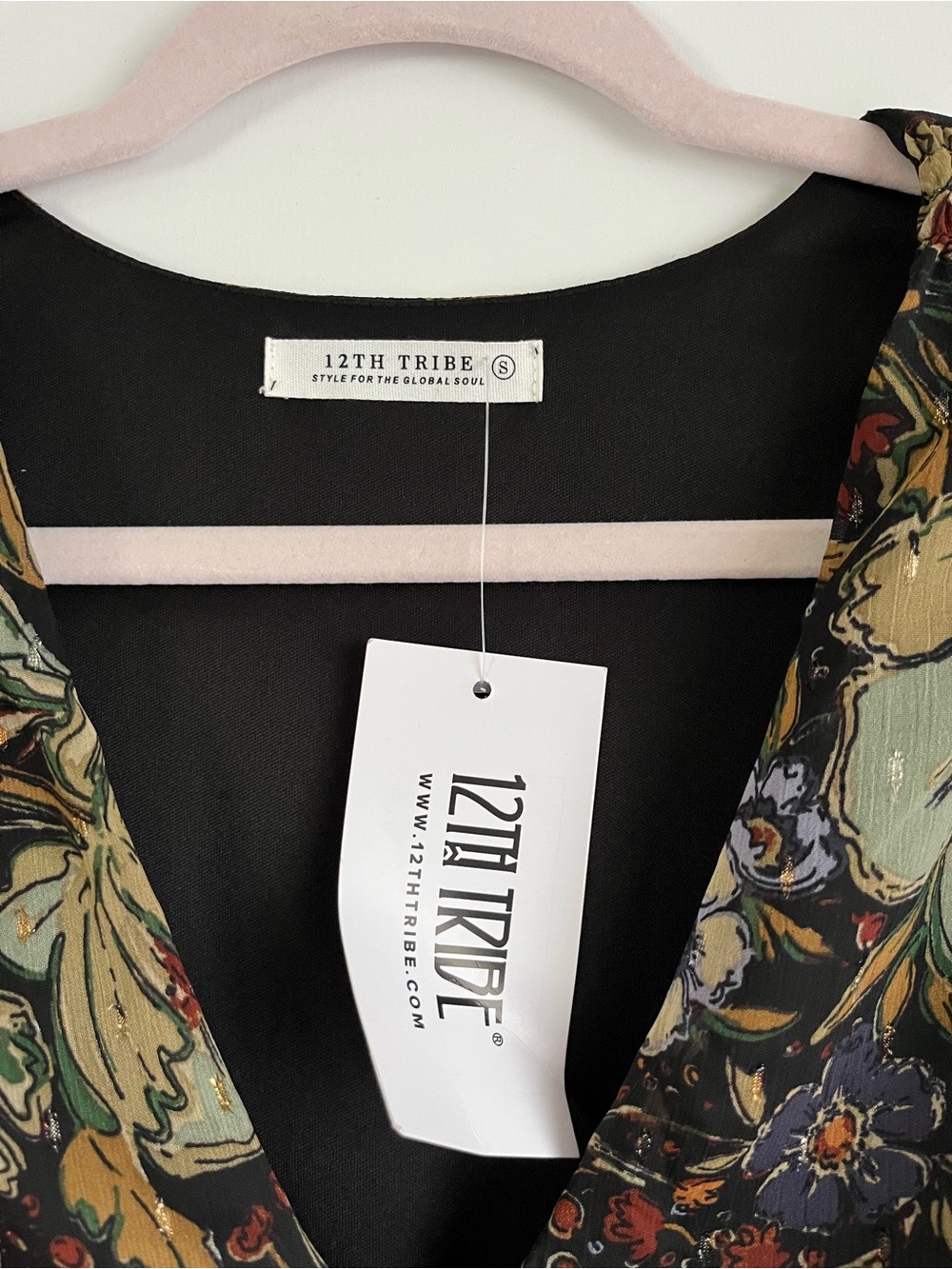 12th Tribe Black Floral Maxi Dress with Olive & Rust Accents - Picture 2 of 2